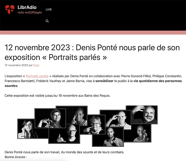 LibrAdio 12 novembre 2023 : Denis Ponté nous parle de son exposition « Portraits parlés » aux Bains des Pâquis jusqu'au 15 novembre https://libradio.org/12-novembre-2023-denis-ponte-nous-parle-de-son-exposition-portraits-parles/